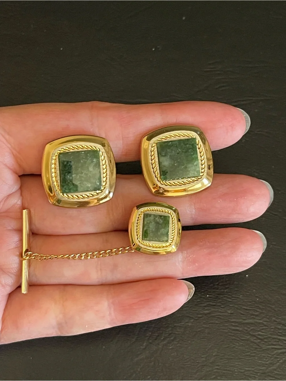 SWANK Gold-Tone Cufflinks and Tie Tack with Green jade Stone Centers